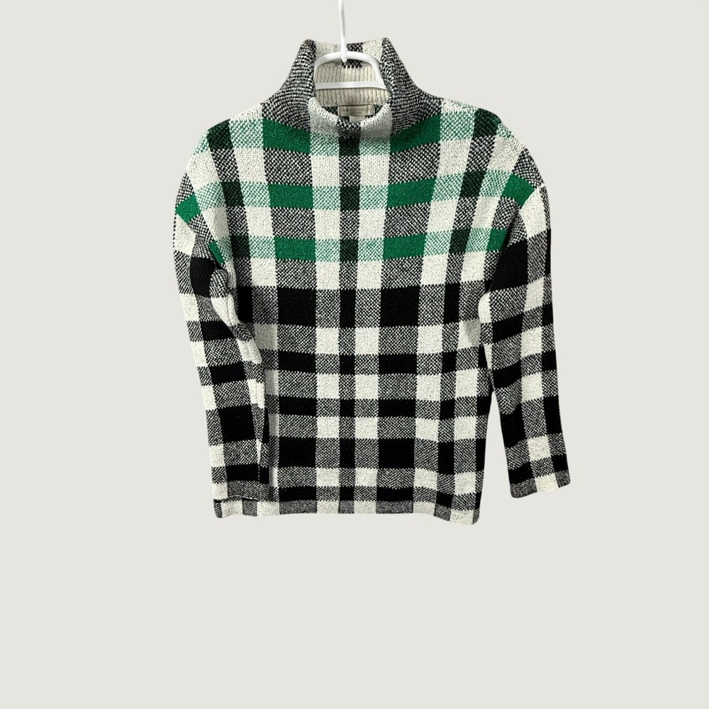 Christian Siriano Womens S Plaid Turtleneck Sweater Green Black Cream Knit